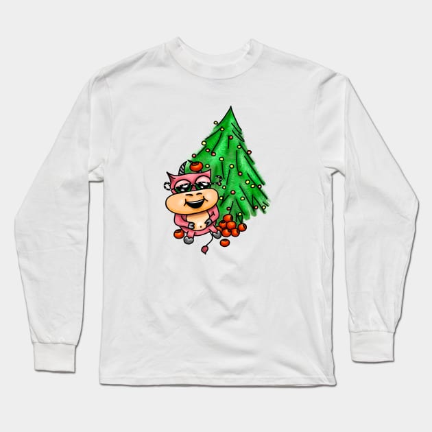 Christmas funny colored bull. Long Sleeve T-Shirt by Sereniya